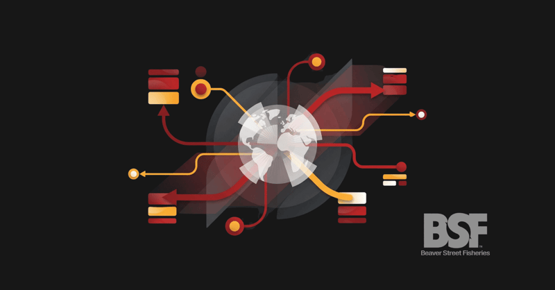 Illustration of a globe with red and gold supply routes linking warehouses and shipments, with the Beaver Street Fisheries logo