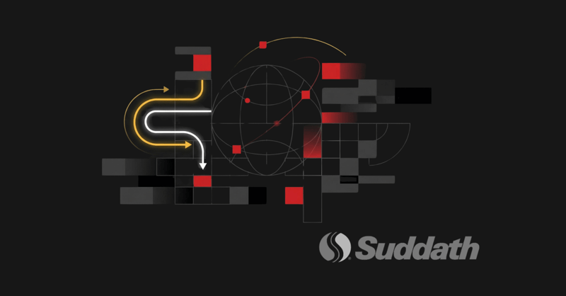Illustration of a delivery route winding through a grid of shipments around a globe, with the Suddath logo