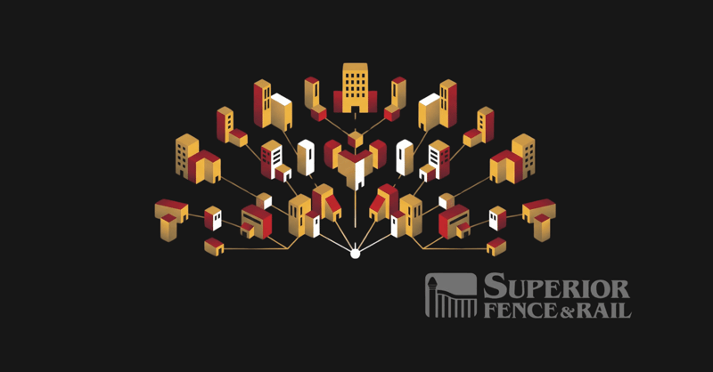 Illustration of a network of franchise locations branching out from a single hub, with the Superior Fence and Rail logo