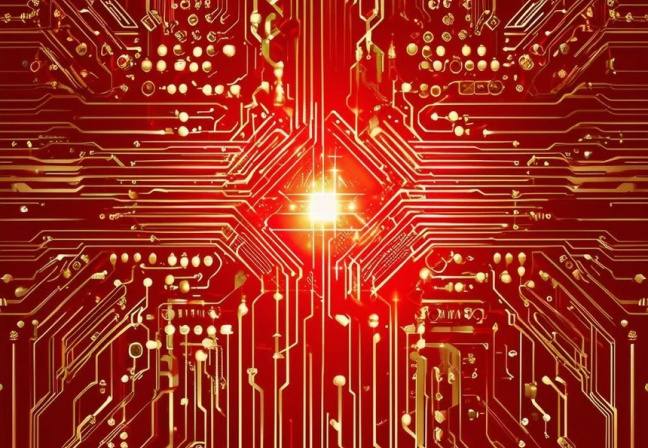Red and gold circuit board illustration representing AI engineering