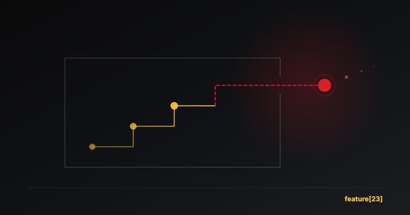 Abstract diagram: a gold staircase of three steps climbs inside a bounded rectangle, then a red dashed path breaks through a gap in the wall to a node outside it