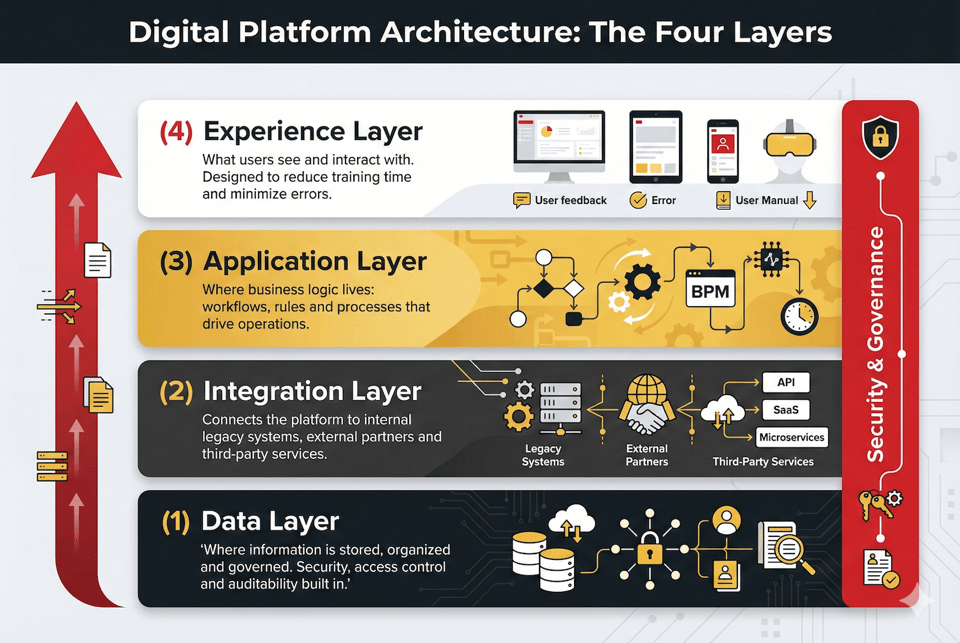 Digital platform architecture diagram showing four layers: data, integration, application and experience for middle market companies