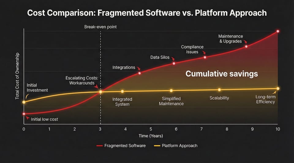 Cost comparison chart showing long-term savings of a digital platform strategy versus fragmented software over 10 years