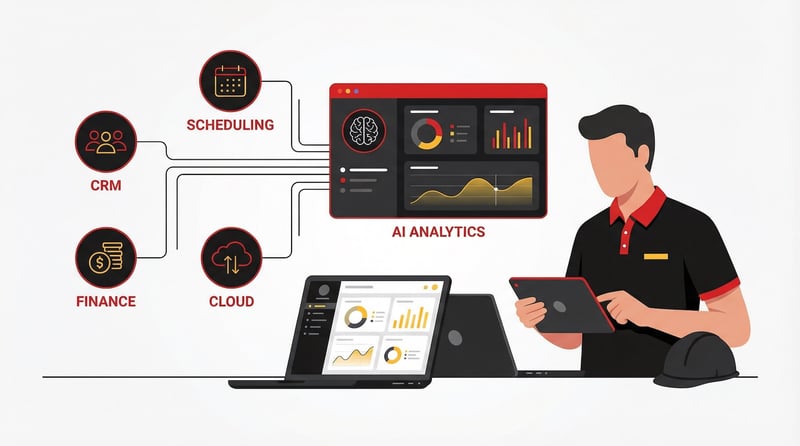 Legacy system modernization illustration showing AI analytics dashboard integrating CRM, scheduling, finance, and cloud systems for a service business.