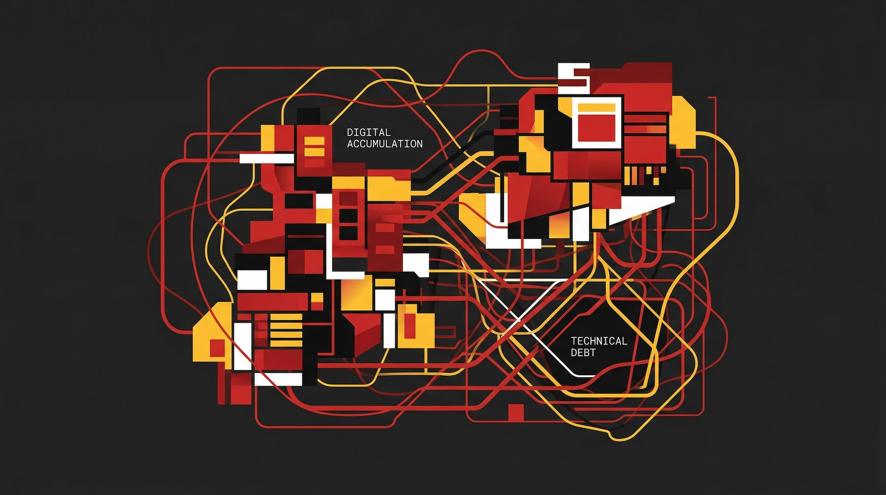 A tangled web of technology systems and processes representing digital accumulation and technical debt