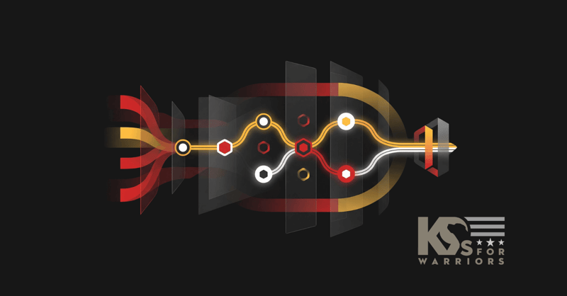 Illustration of intake records flowing through a secure processing pipeline into one system, with the K9s for Warriors logo