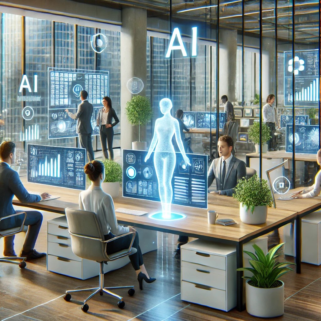 People sitting at their desks in an office setting.