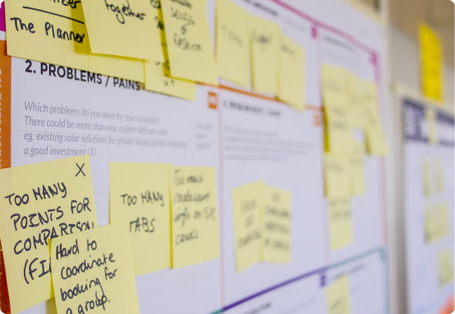 A whiteboard covered in large sheets of white paper and yellow post-it notes.